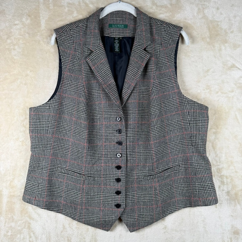 Lauren Ralph Lauren Women 16 Glen Plaid Wool Blend Vest Grey Red Notched Lapel